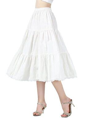 100% Cotton 3 Tiered A-Line Skirt Elastic Waist Midi Long